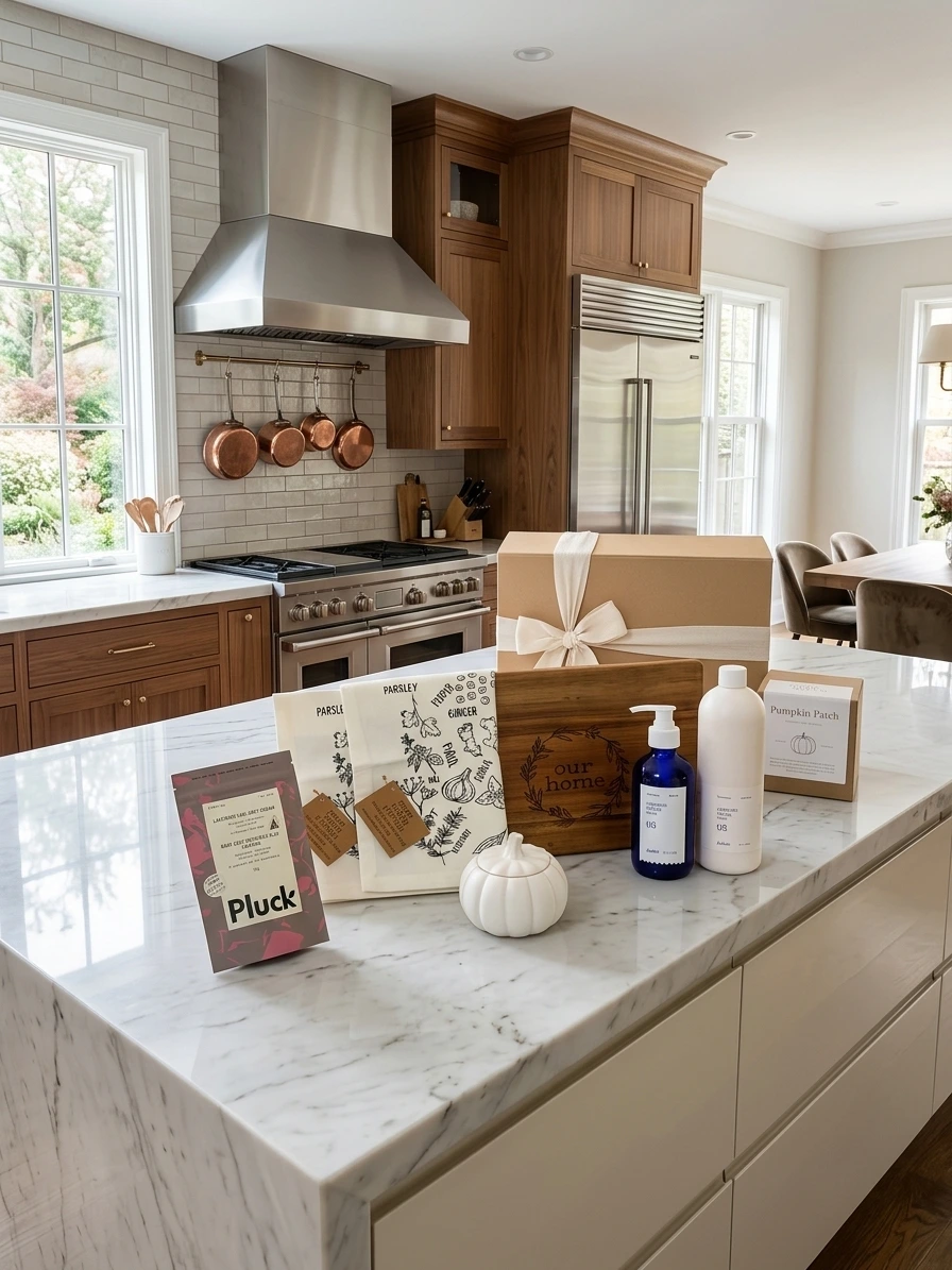 Welcome Home Classic composition with produce bags, engraved Our Home board, candle and hand-finished presentation