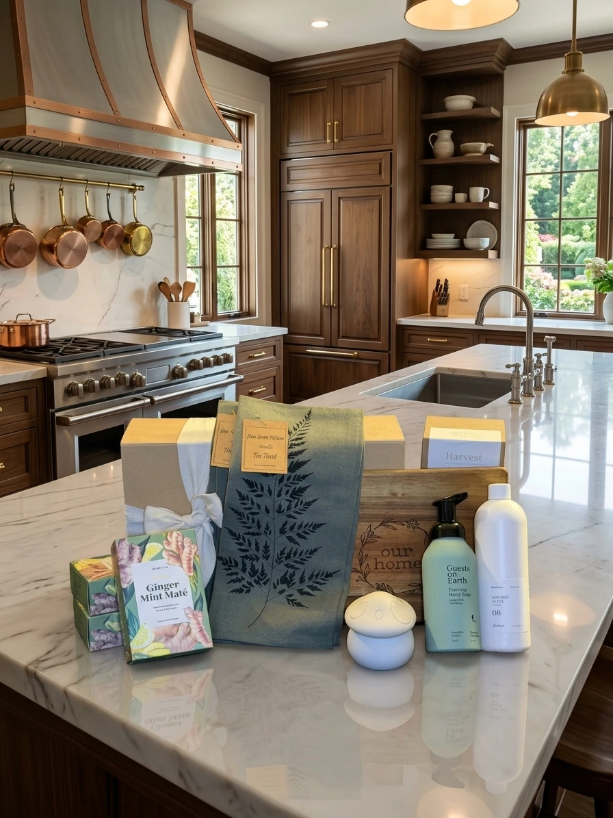 Welcome Home Signature composition with green kitchen textiles, engraved Our Home board, candle and hand-finished presentation