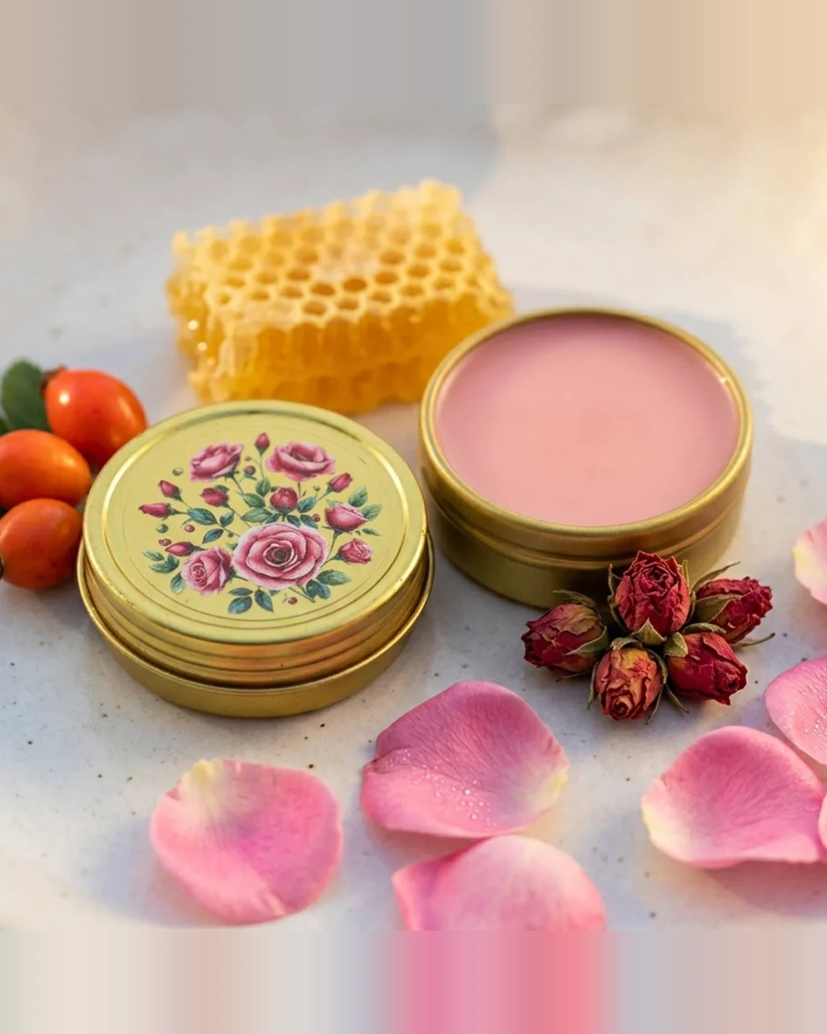 Blooming Wild Botanicals 100 Roses balm in an open gold tin beside its floral lid