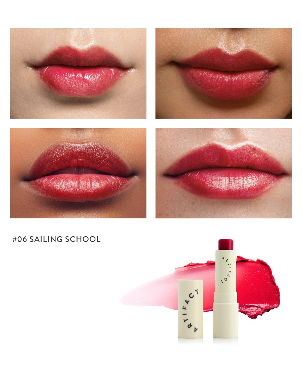 Artifact Soft Sail tinted lip balm in Sailing School, with supplier shade photographs