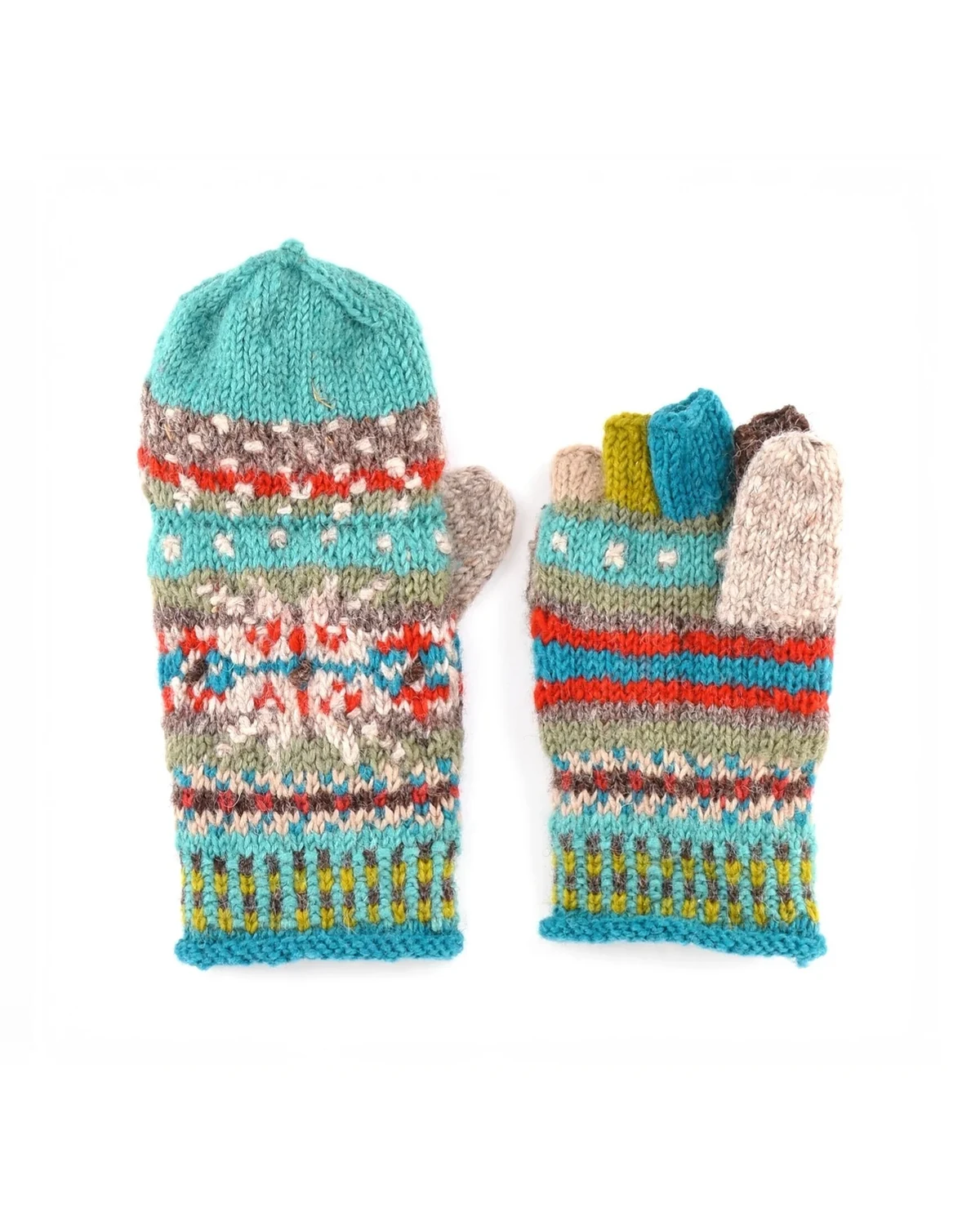 Jasper Convertible Mittens by Lost Horizons Canada in aqua, one mitten closed and one with the fingerless glove showing