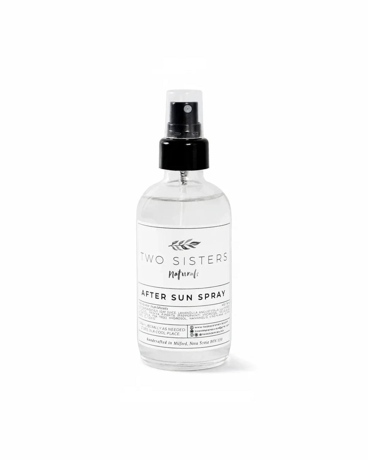 Two Sisters Naturals After Sun Spray, 120 mL clear glass spray bottle with black pump and white label