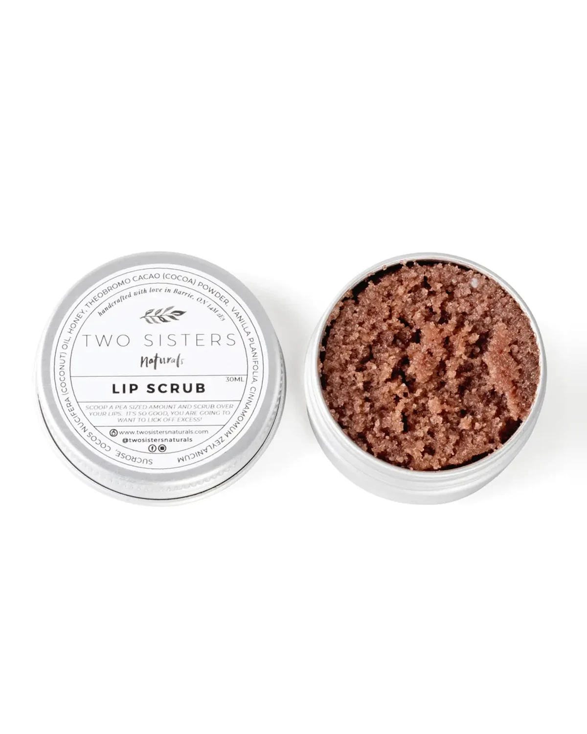 Two Sisters Naturals Lip Scrub, 30 mL aluminum tin shown closed and open