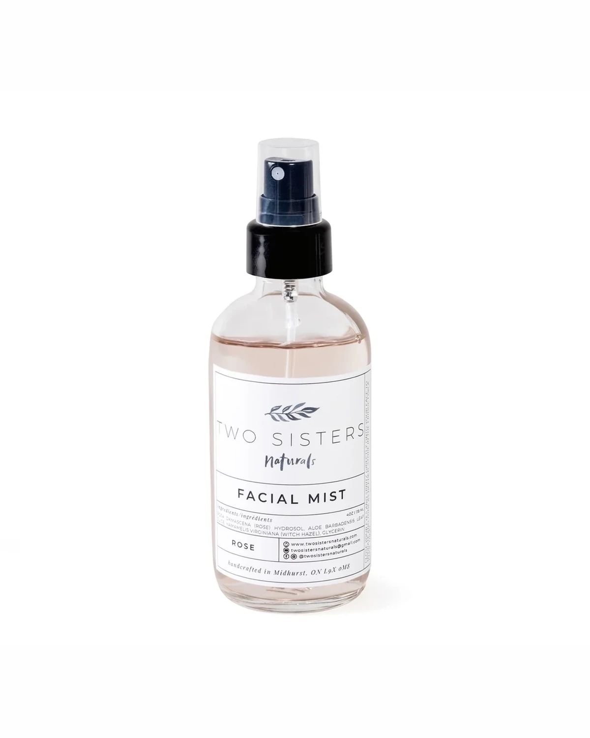 Two Sisters Naturals Rose Facial Mist, 4 oz glass spray bottle