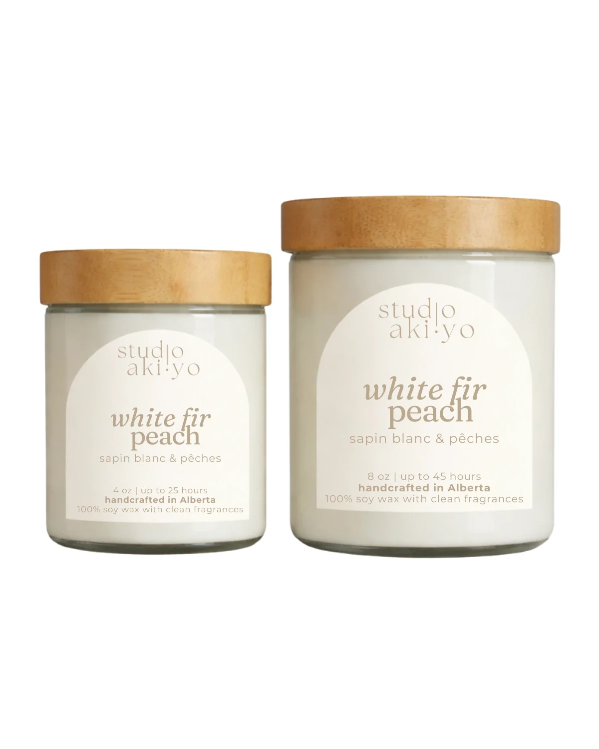White Fir Peach Soy Candle by Studio Akiyo. This listing is the 4 oz candle (left); the photo also shows the 8 oz size.
